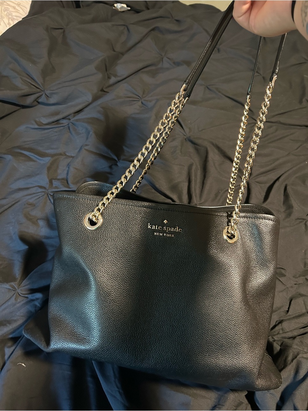 kate spade Black Pebbled Leather Shoulder Tote with Gold Chain Straps